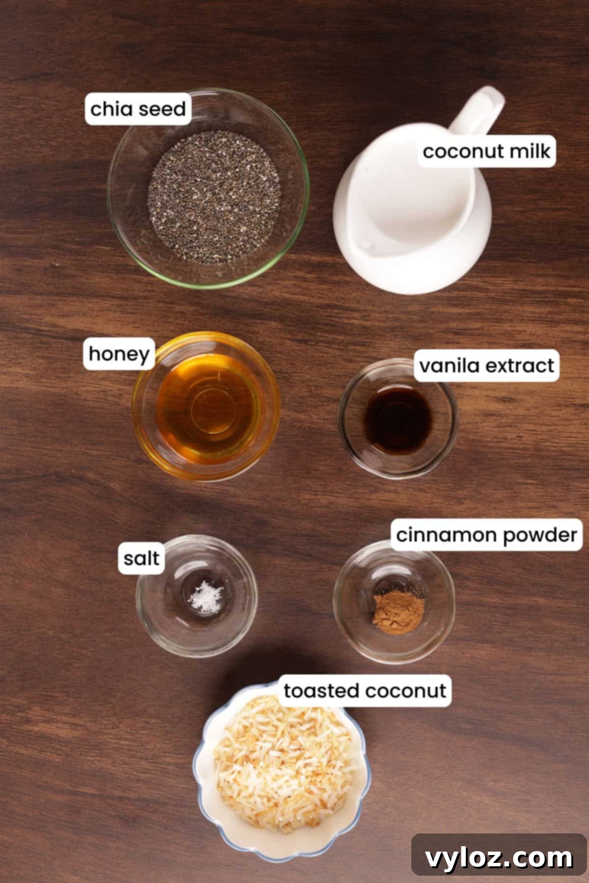 Easy Creamy Coconut Milk Chia Seed Pudding Breakfast 3 Ingredients for coconut chia seed pudding arranged on a wooden background, including chia seeds, coconut milk, honey, vanilla, cinnamon, salt, and toasted coconut.
