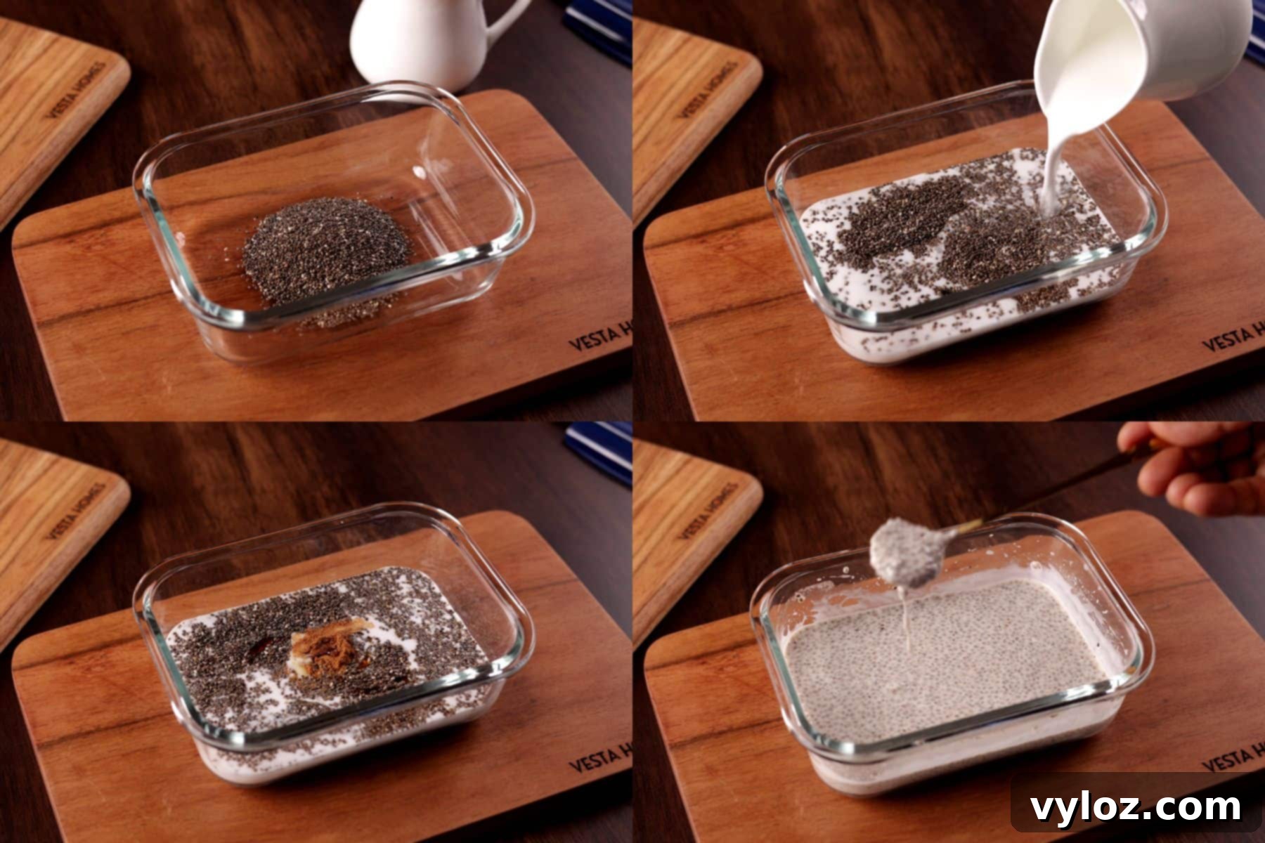 Easy Creamy Coconut Milk Chia Seed Pudding Breakfast 4 4 images collage showing making coconut chia seed pudding: mixing ingredients, letting the mixture thicken, and refrigerating until set.