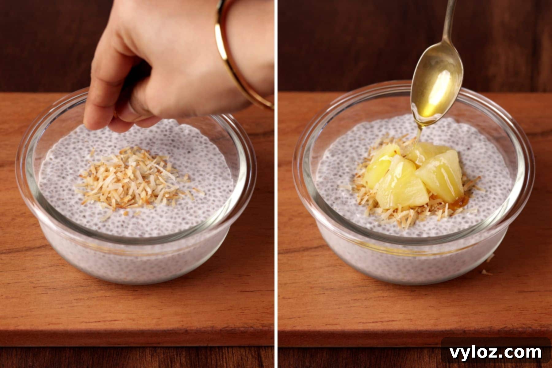 Easy Creamy Coconut Milk Chia Seed Pudding Breakfast 5 Two images collage showing serving chia pudding in a glass bowl topping with toasted coconut, pineapple chunks, and a drizzle of honey.
