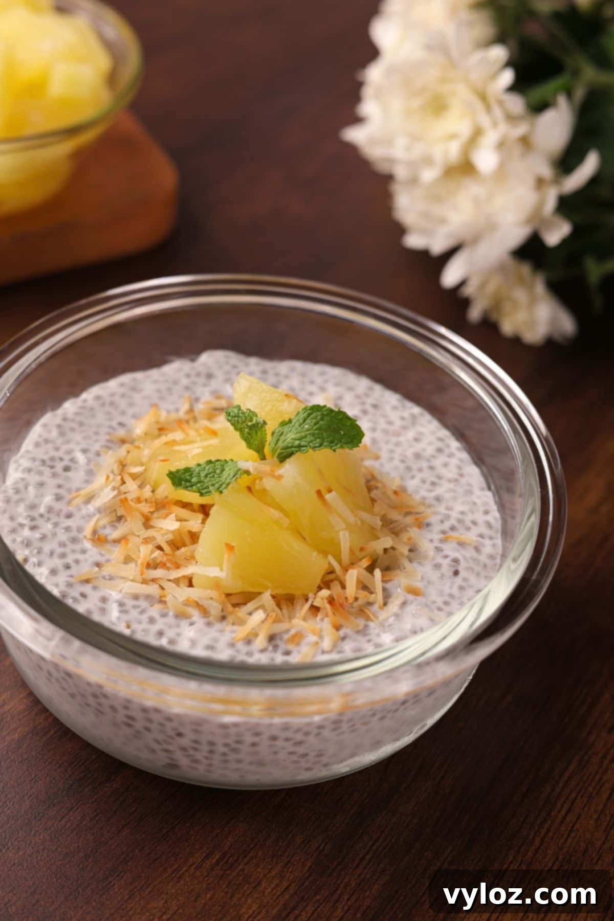Easy Creamy Coconut Milk Chia Seed Pudding Breakfast 6 Final coconut chia pudding served in a bowl, topped with pineapple chunks, toasted coconut, and ready to enjoy.