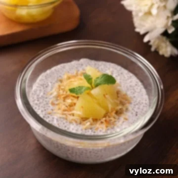 Easy Creamy Coconut Milk Chia Seed Pudding Breakfast 7 Creamy coconut milk chia seed pudding in a bowl topped with toasted coconut and pineapple.