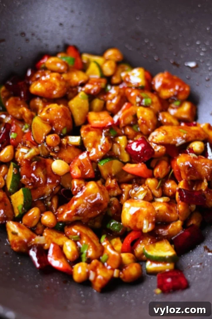 Close-up of Kung Pao Chicken showing tender chicken pieces, crunchy peanuts, and dried red chilies in a glossy sauce.