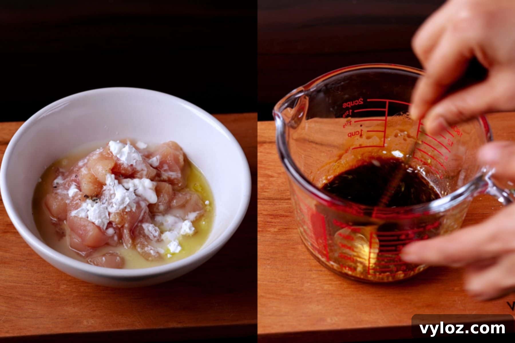 2 images collage showing smaking Kung Pao Chicken: quickly marinating the chicken pieces and preparing the Kung Pao sauce.