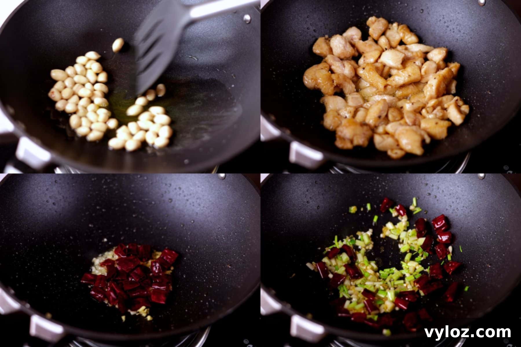 Next, toss the peanuts until golden, sear the chicken pieces to lock in juices, and stir-fry the garlic, ginger, and bell peppers until fragrant. (Shown in the collage above.)