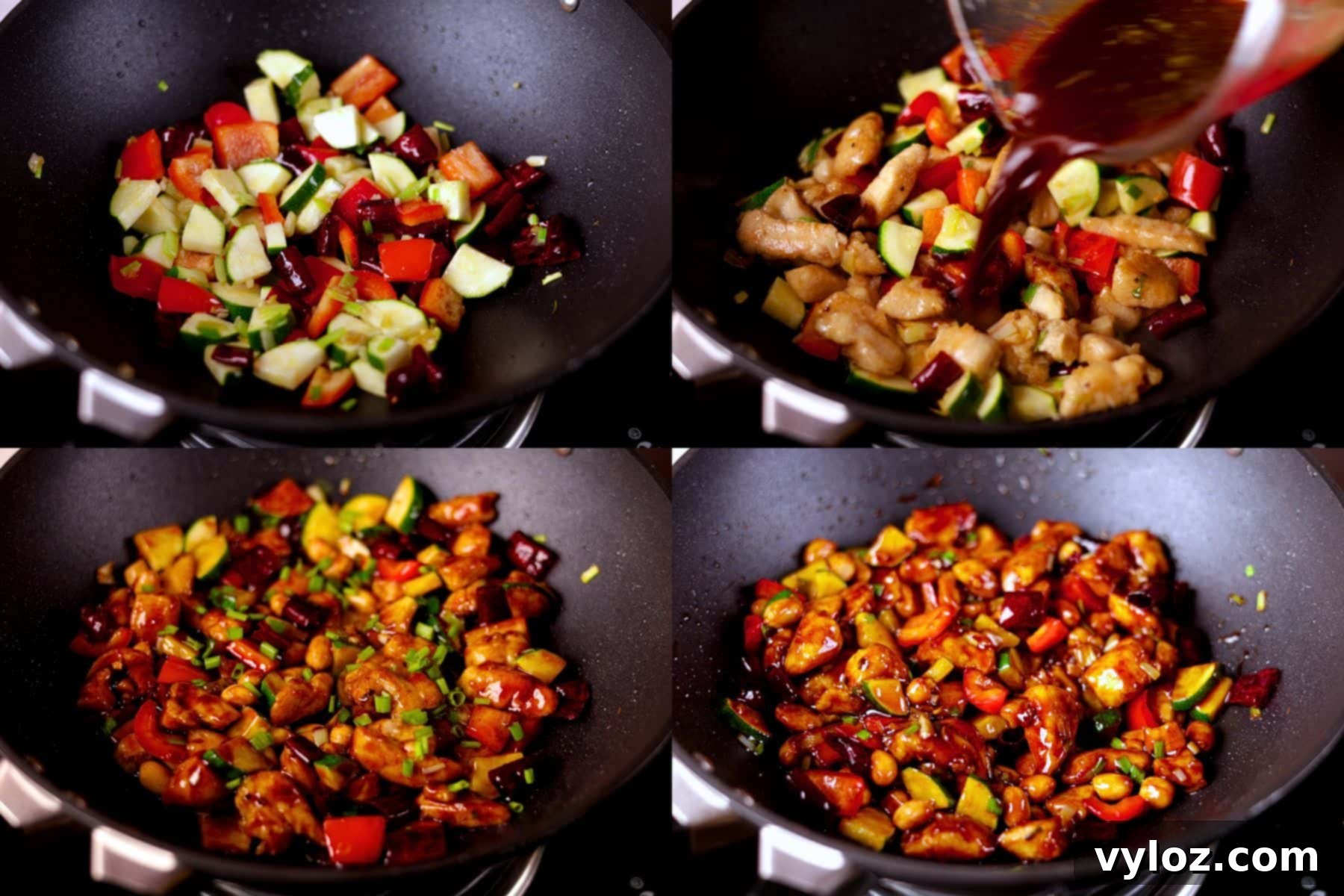 Collage showing steps 6–8 of making Kung Pao Chicken: stir-frying vegetables, adding chicken and sauce, combining everything, and finishing with peanuts and green onions.