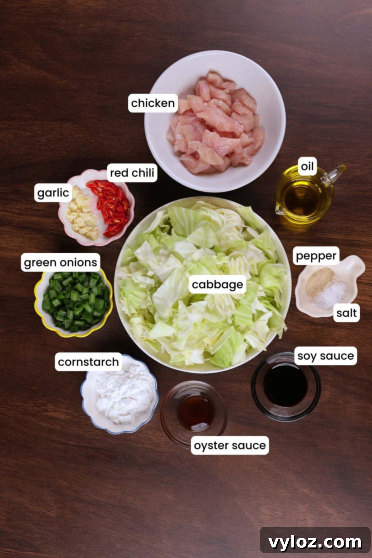 Ingredients for Chinese chicken and cabbage stir fry laid out on a wooden background.