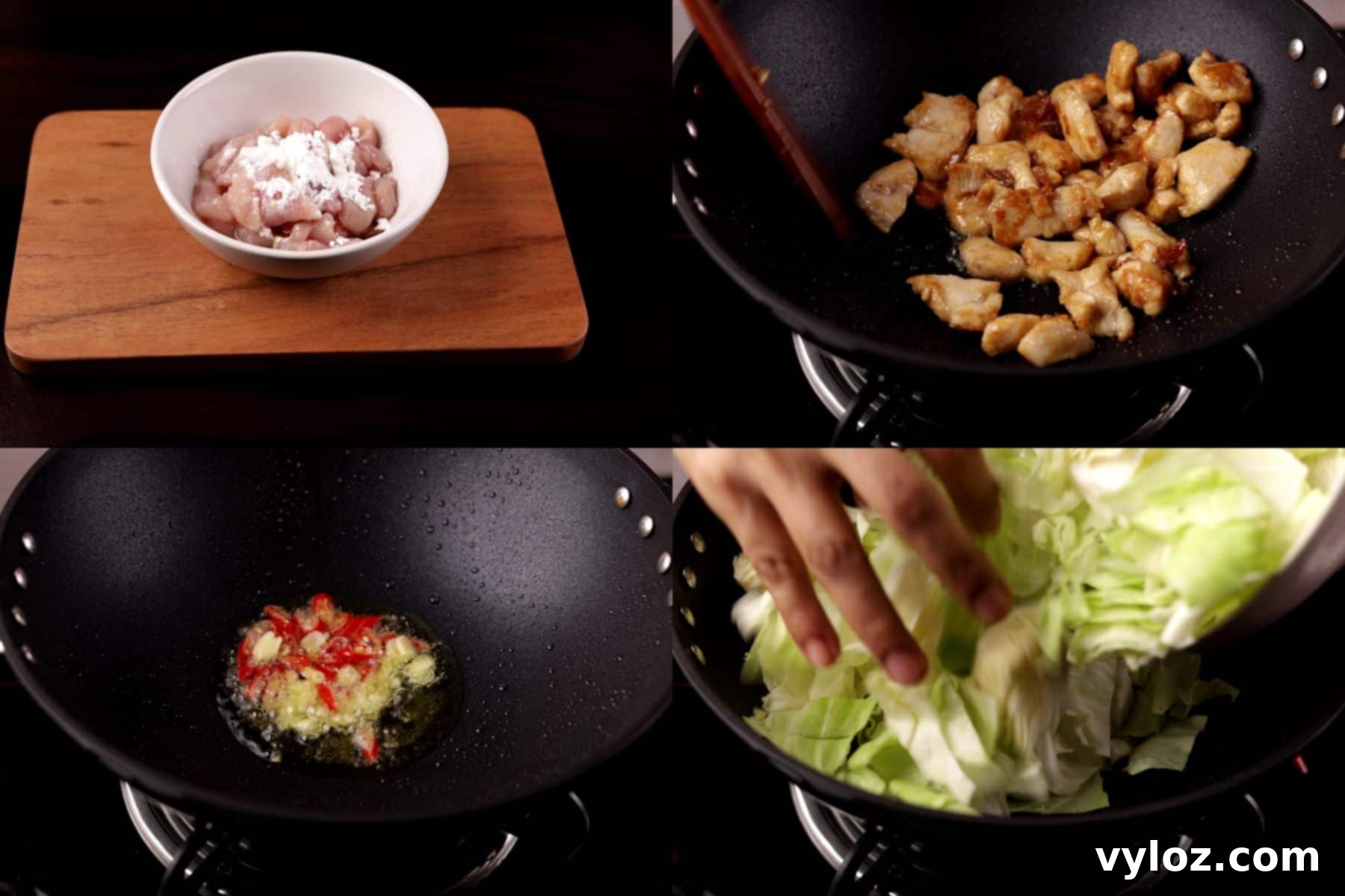 Step-by-step collage for chicken cabbage stir fry: marinating chicken, cooking chicken, sizzling garlic and chili, adding cabbage.