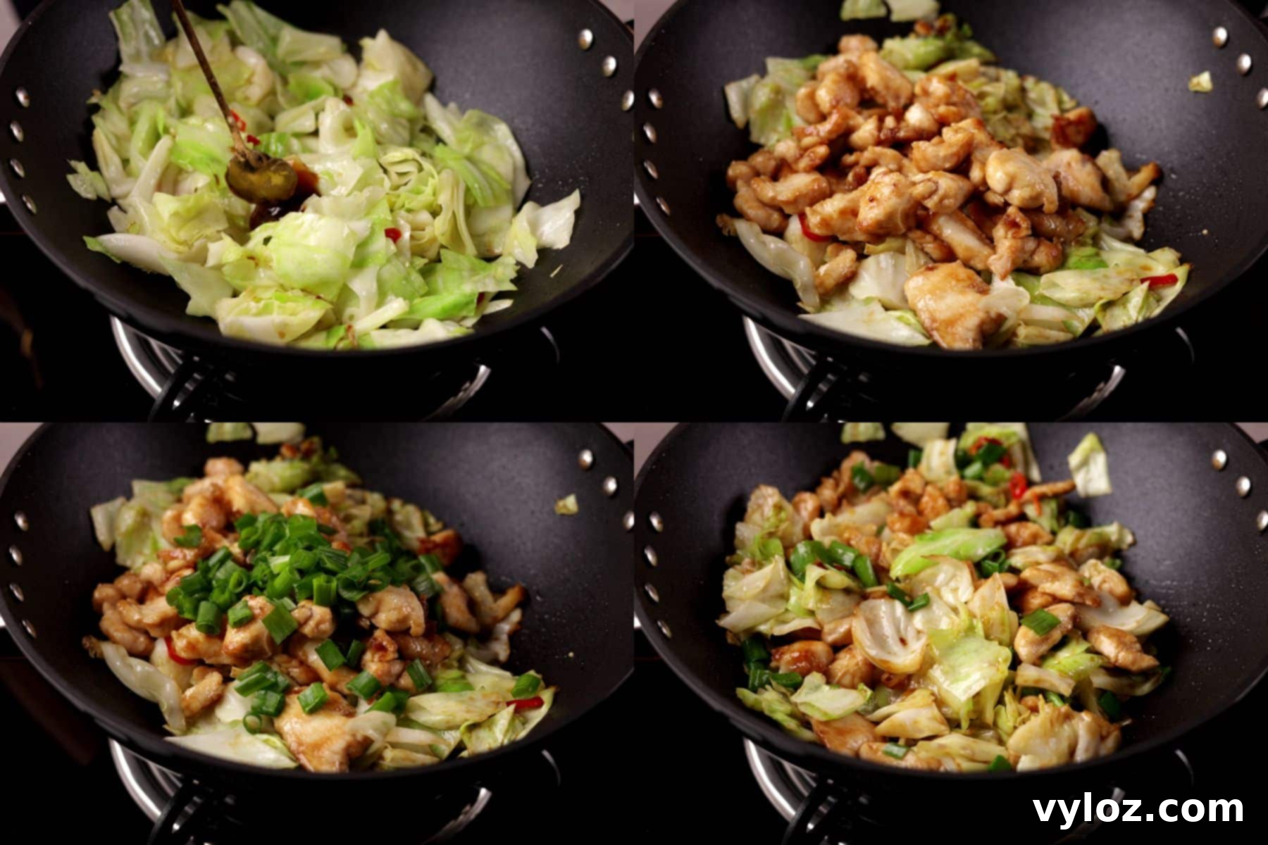 Step-by-step collage for chicken cabbage stir fry: adding sauces, adding cooked chicken and green onions, tossing to combine.