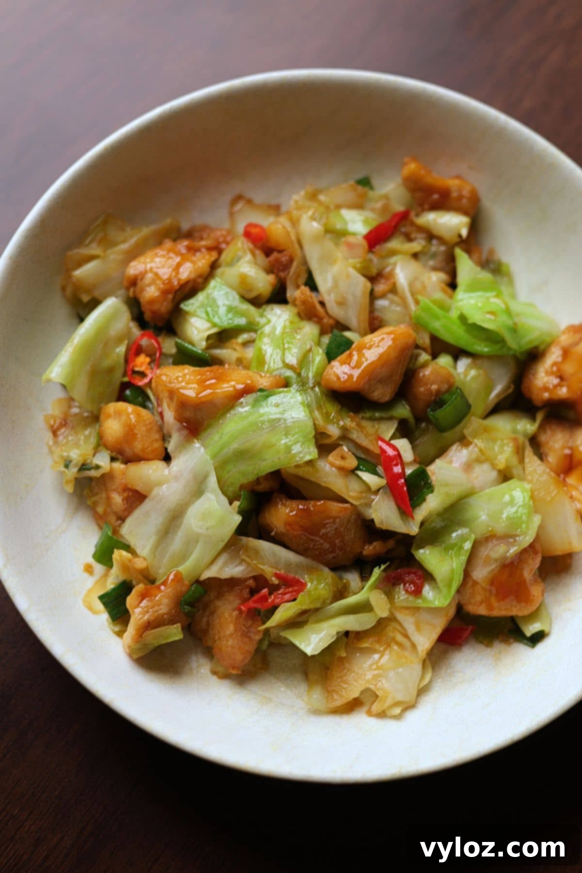 Chinese chicken and cabbage stir fry served in a white bowl, ready to eat.
