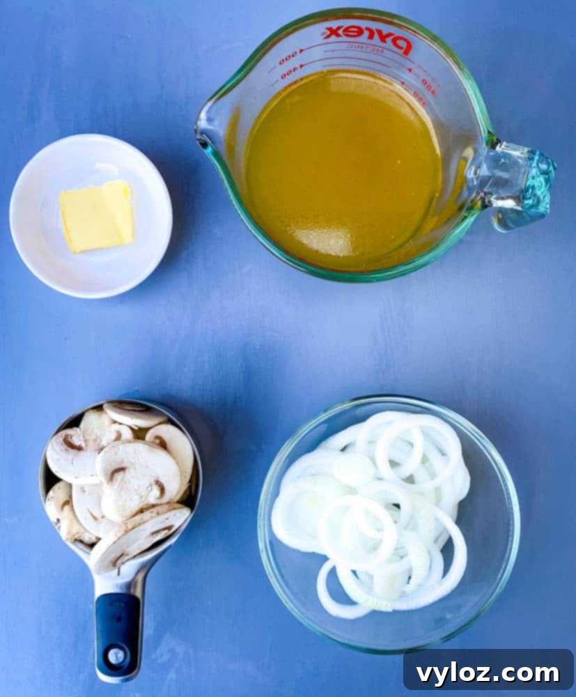 broth, butter, mushrooms, and onions in separate bowls