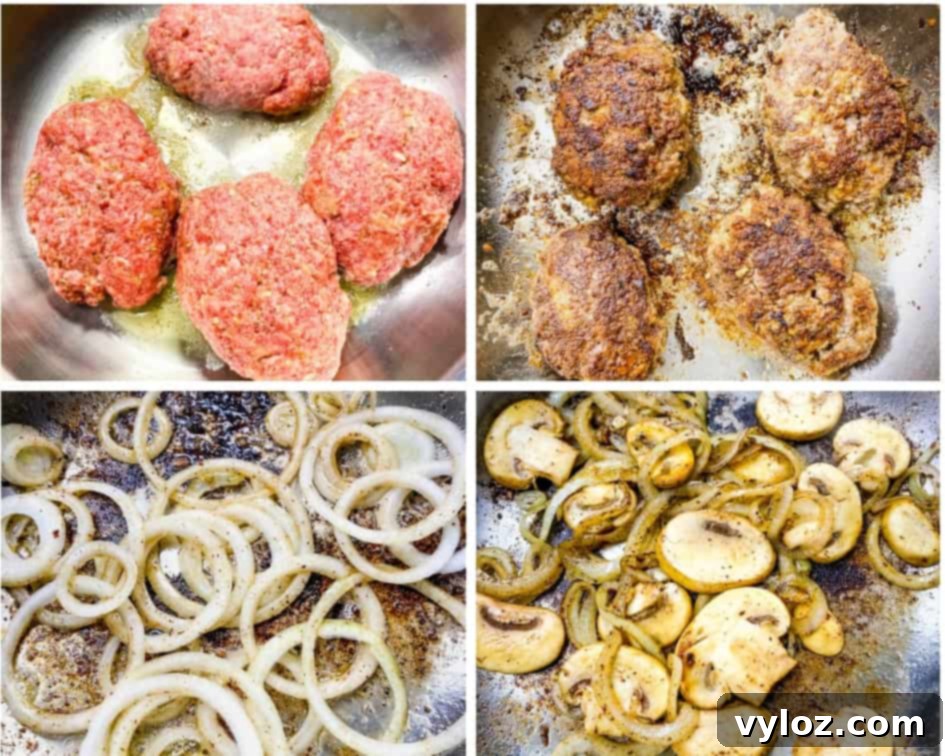 beef patties cooking in a skillet with mushrooms and onions in a stainless steel pan