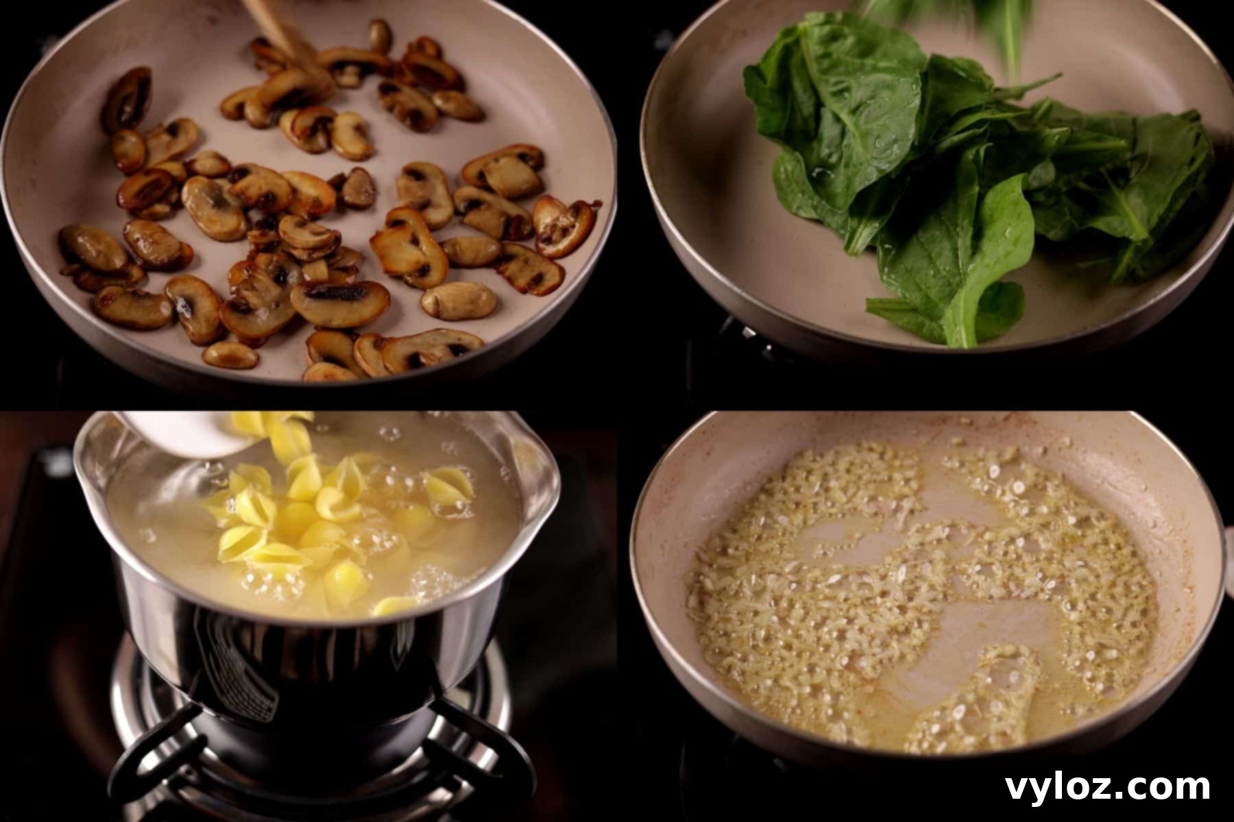 Velvety Mushroom and Spinach Pasta 4 Four-step collage showing: searing mushrooms, wilting spinach, boiling pasta, and sautéing onion and garlic.