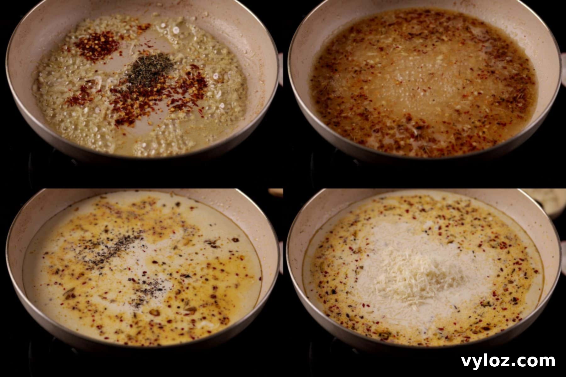 Velvety Mushroom and Spinach Pasta 5 Four-step collage showing adding chili and seasoning, pouring in stock, adding cream, and stirring Parmesan.
