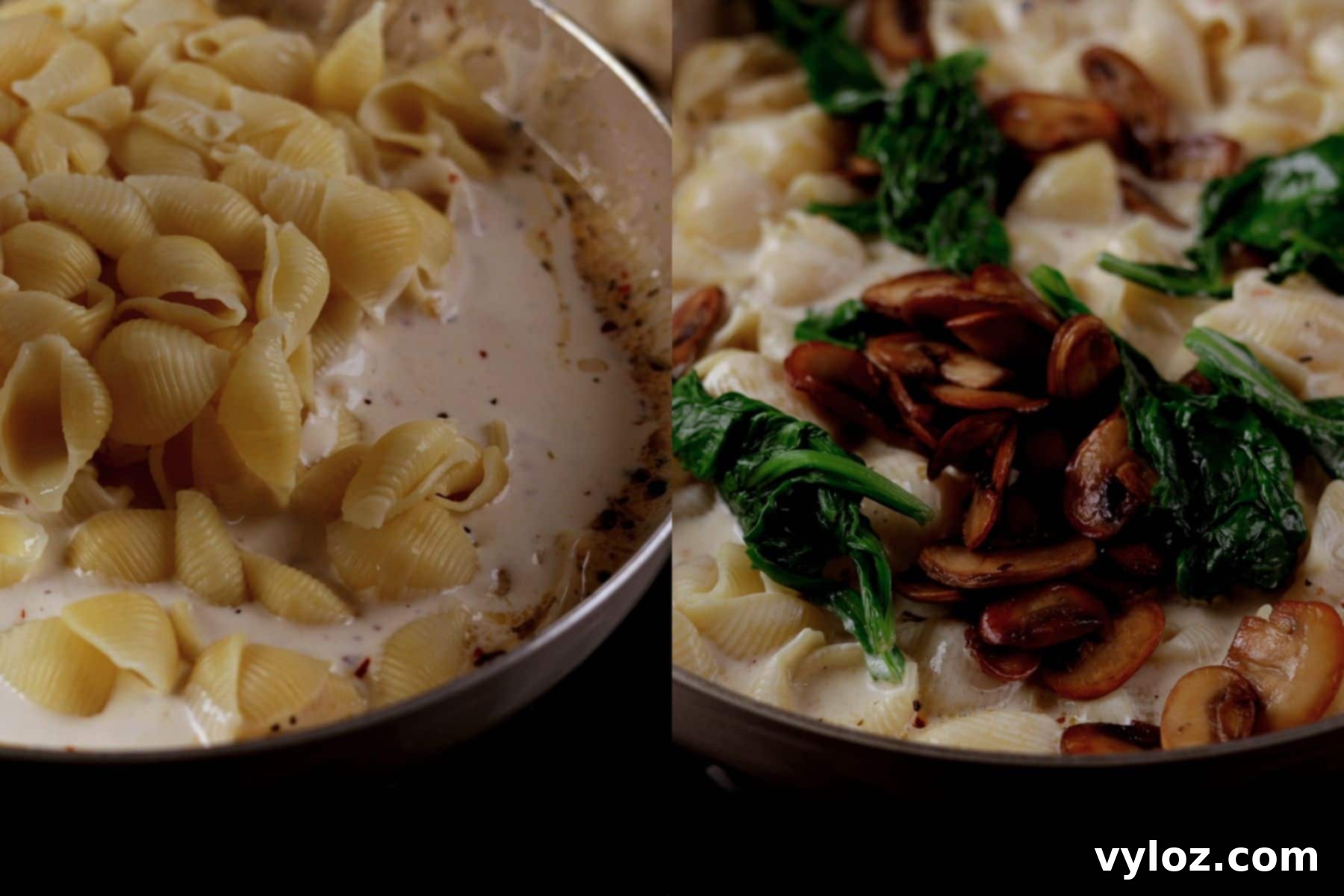Velvety Mushroom and Spinach Pasta 6 Two-step collage showing adding cooked pasta to the creamy sauce, then adding the golden mushrooms and tender spinach.