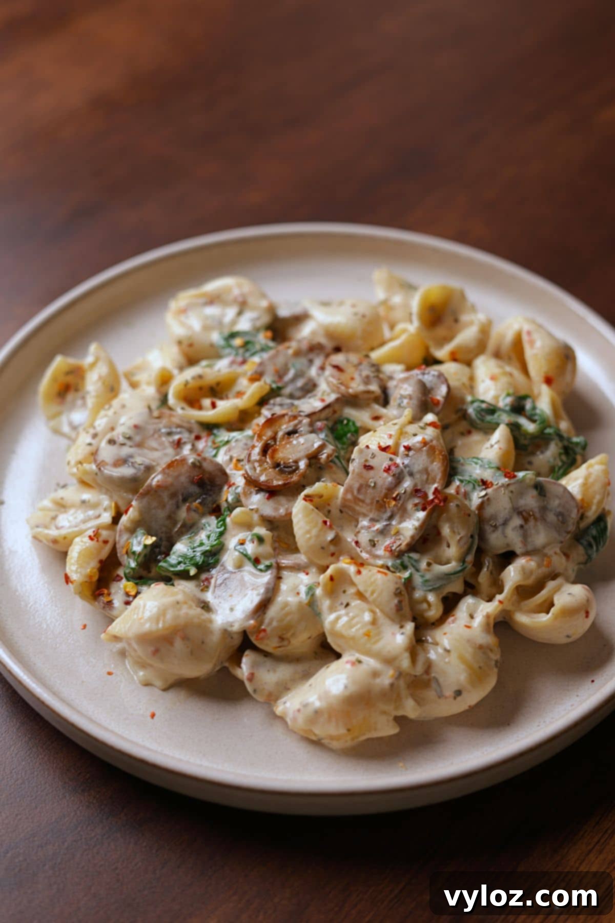 Velvety Mushroom and Spinach Pasta 7 Creamy mushroom and spinach pasta served on a plate, topped with chili flakes.