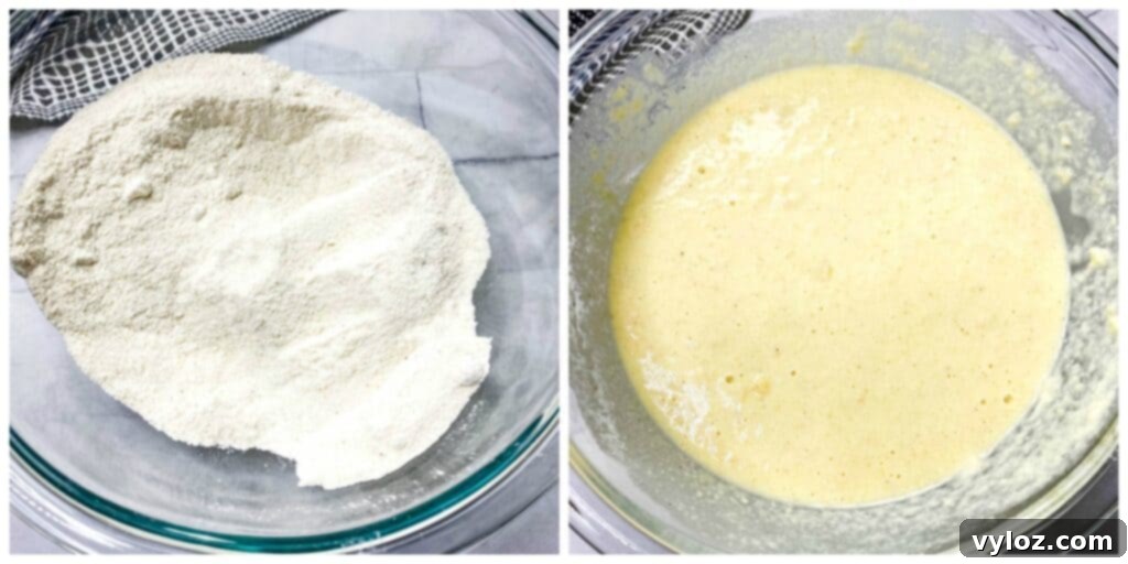 Two glass bowls displaying separate dry and wet ingredients for homemade cornbread batter, ready for mixing.