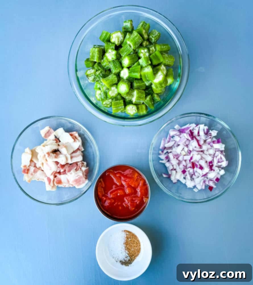 chopped bacon, frozen okra, chopped onions, diced tomatoes, and seasoning all in separate bowls