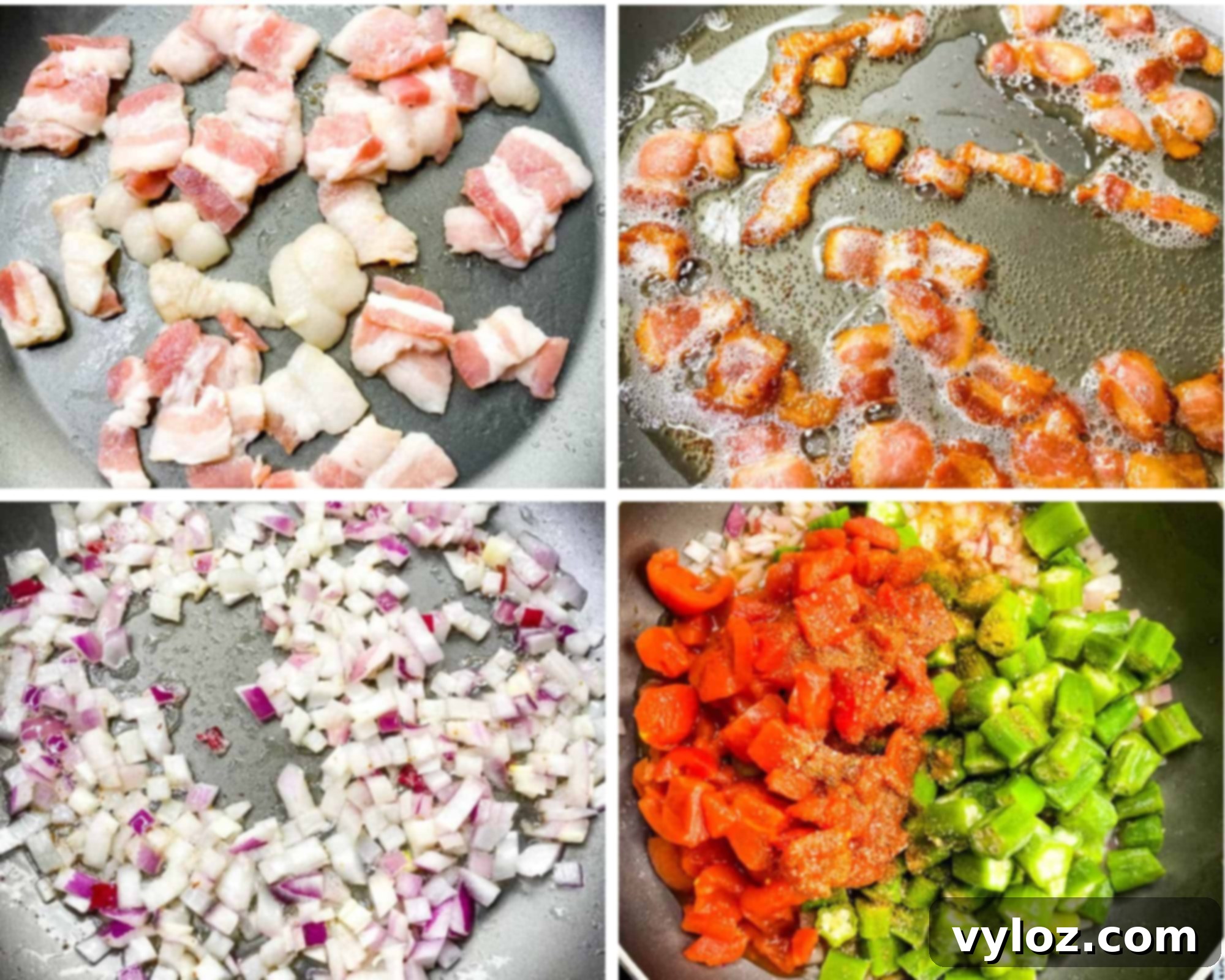 collage of 4 images with cooked bacon, okra, tomatoes, and onions in a skillet