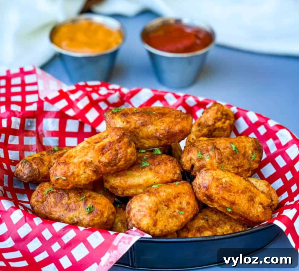Air fryer tater tots served in a red and white basket, accompanied by ketchup and chipotle mayo