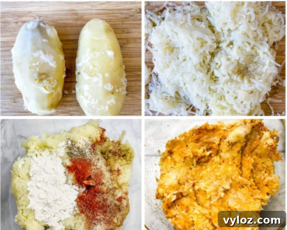 Collage showing parboiled potatoes, shredded potatoes on a cutting board, and seasoned shredded potatoes in a bowl