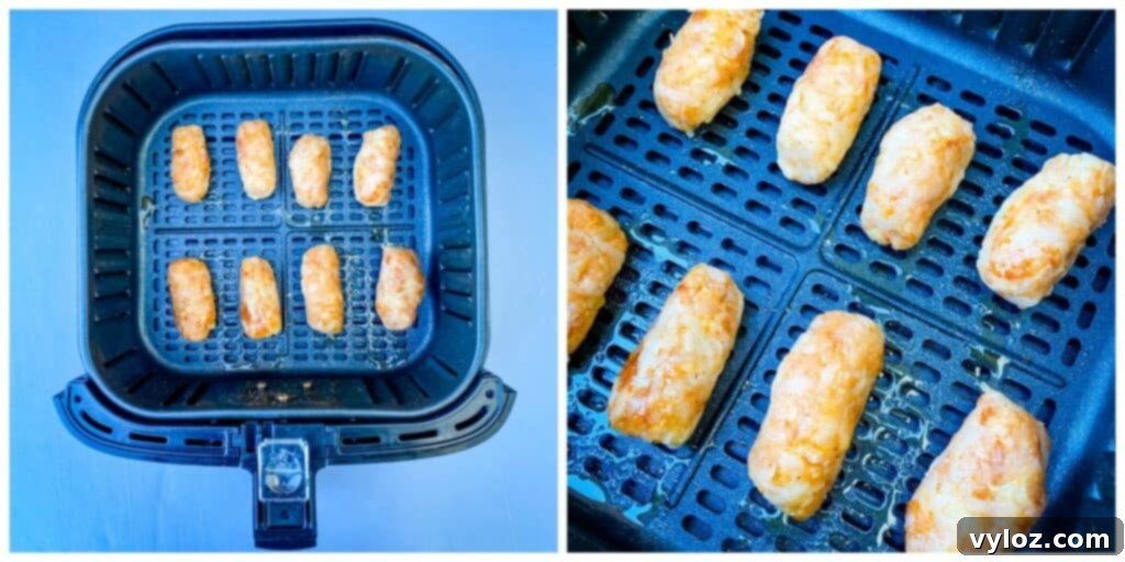 Uncooked air fryer tater tots ready to be cooked