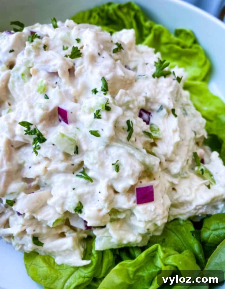 Effortless Keto Chicken Salad 9 keto chicken salad on a bed of lettuce in a white bowl