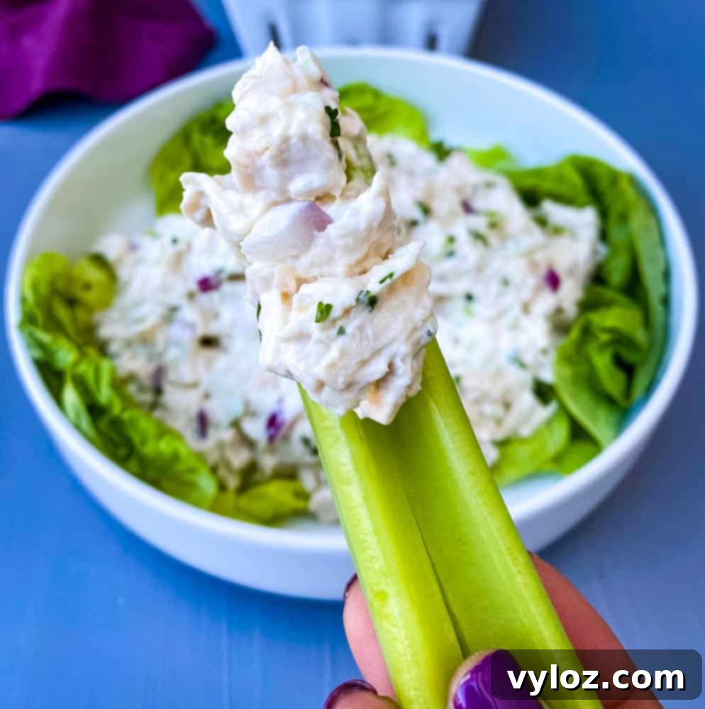 Effortless Keto Chicken Salad 10 person holding keto chicken salad on a celery stalk