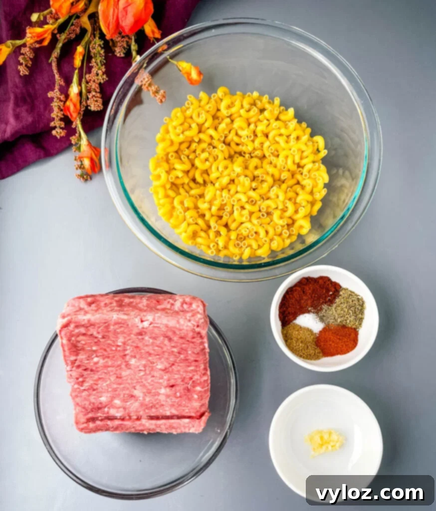 Ultimate Slow Cooker Chili Mac and Cheese 3 dry elbow pasta, ground beef, homemade chili seasoning, and garlic in separate bowls