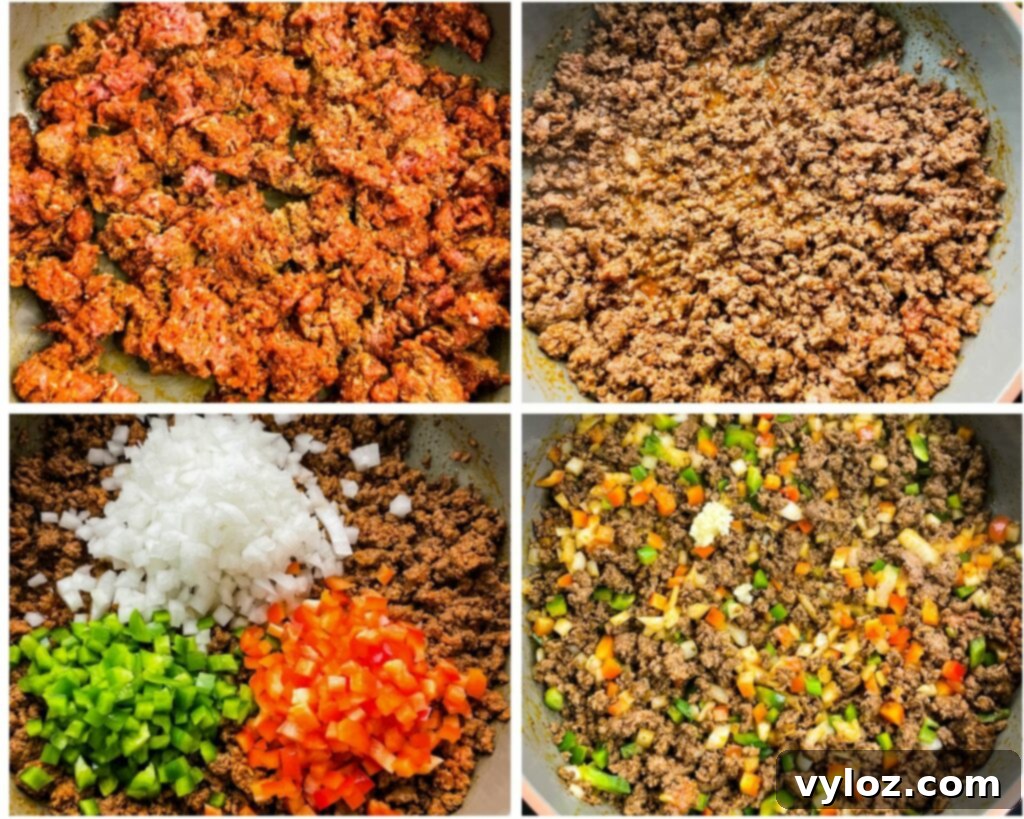 Ultimate Slow Cooker Chili Mac and Cheese 5 collage of 4 photos with ground beef sauteed in a pan with veggies