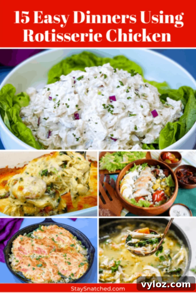 A collage featuring diverse and delicious recipes made from rotisserie chicken, including salads, casseroles, and pasta dishes, highlighting meal variety and ease of preparation.