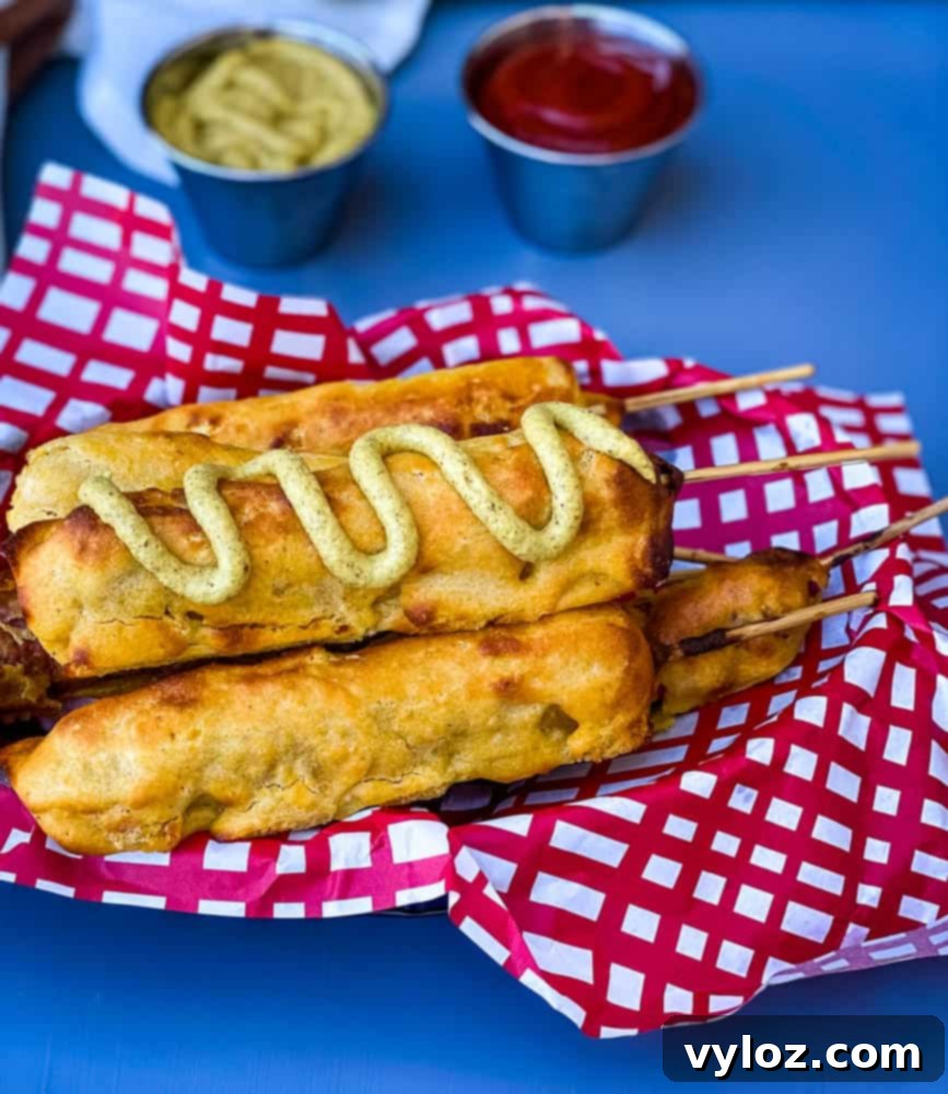 air fryer corn dogs in a basket with a red and white napkin, showcasing their golden crispiness