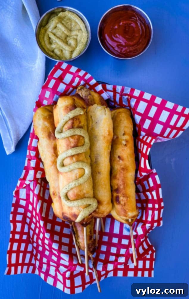 air fryer corn dogs with a squeeze of mustard in a basket with a red and white napkin, ready to eat