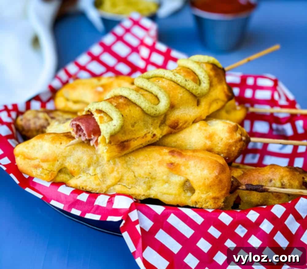 a basket of air fryer corn dogs, with one bitten to show its juicy interior, served with a red and white napkin