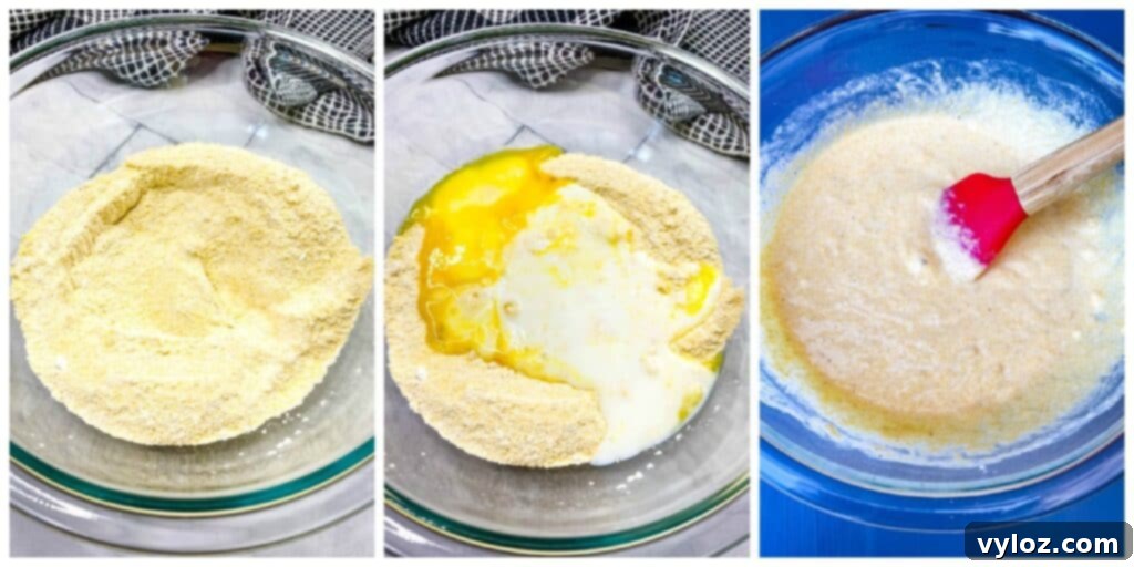 air fryer corn dog batter in a glass bowl, prepared for dipping hot dogs