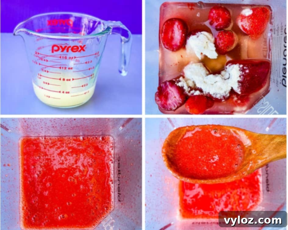 collage photo of 4 in process photos of strawberry lemon popsicles, lemon juice in a glass cup and popsicle mix in a blender