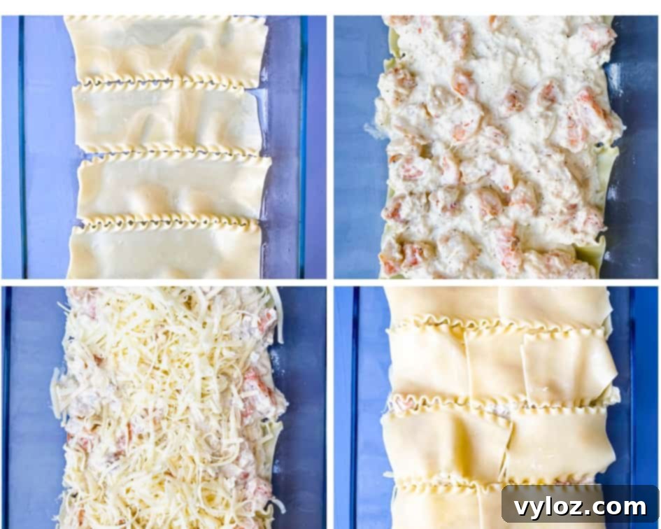 Velvety Seafood Lasagna 11 A collage demonstrating the layering process for a standard seafood lasagna, showing noodles, sauce, and cheese.