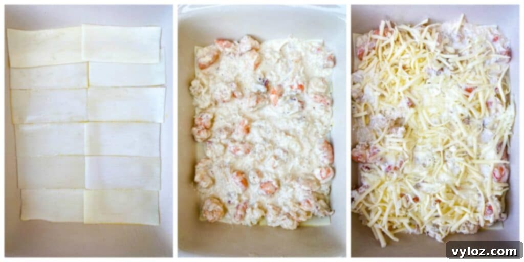 Velvety Seafood Lasagna 13 A collage illustrating the layering process for a healthy low-carb seafood lasagna, using Palmini sheets.