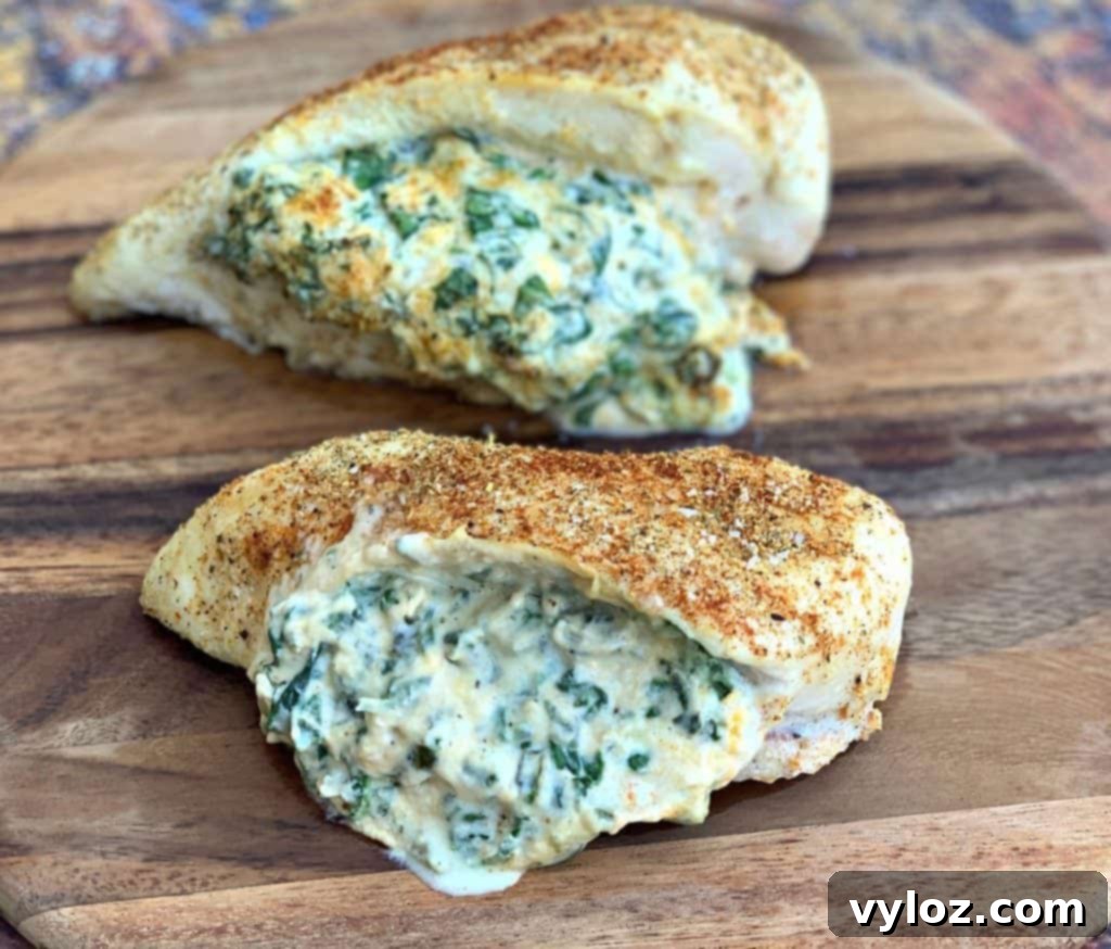 Creamy Spinach Stuffed Chicken Breast 2 Golden-brown, keto-friendly spinach cream cheese stuffed chicken breasts on a rustic brown plate, garnished with fresh herbs