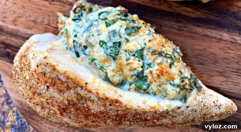 Creamy Spinach Stuffed Chicken Breast 11 Three servings of keto low carb stuffed chicken breasts on a brown plate, ready for a family meal.