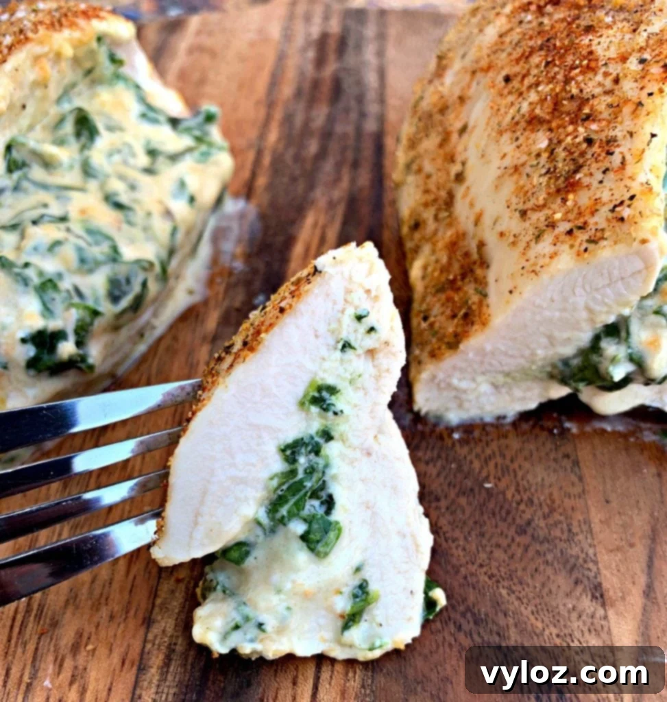 Creamy Spinach Stuffed Chicken Breast 12 A close-up of a perfectly cooked keto low carb stuffed chicken breast, showing the golden exterior and juicy interior, on a wooden board.
