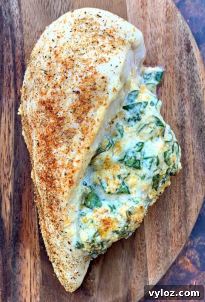 Creamy Spinach Stuffed Chicken Breast 9 A serving of keto low carb spinach cream cheese stuffed chicken breast on a brown plate, showcasing the creamy filling.