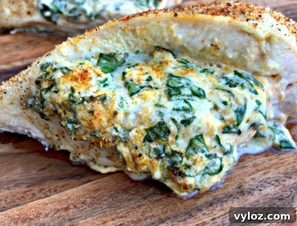 Creamy Spinach Stuffed Chicken Breast 10 Another enticing view of keto low carb stuffed chicken breasts on a brown plate, ready to be served.