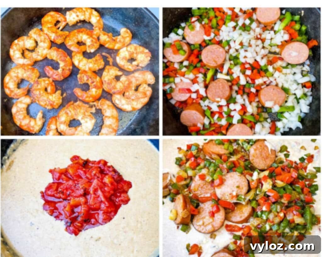 A four-panel collage showing various stages of cooking Cajun Shrimp Pasta: shrimp in a skillet, sausage and vegetables sautéing, and cream sauce simmering with tomatoes