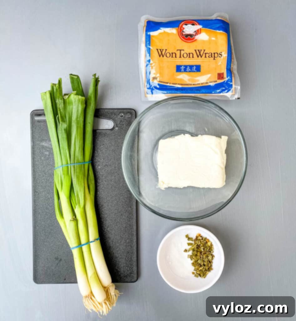 green onions, wonton wrappers, cream cheese, sweetener, and chives