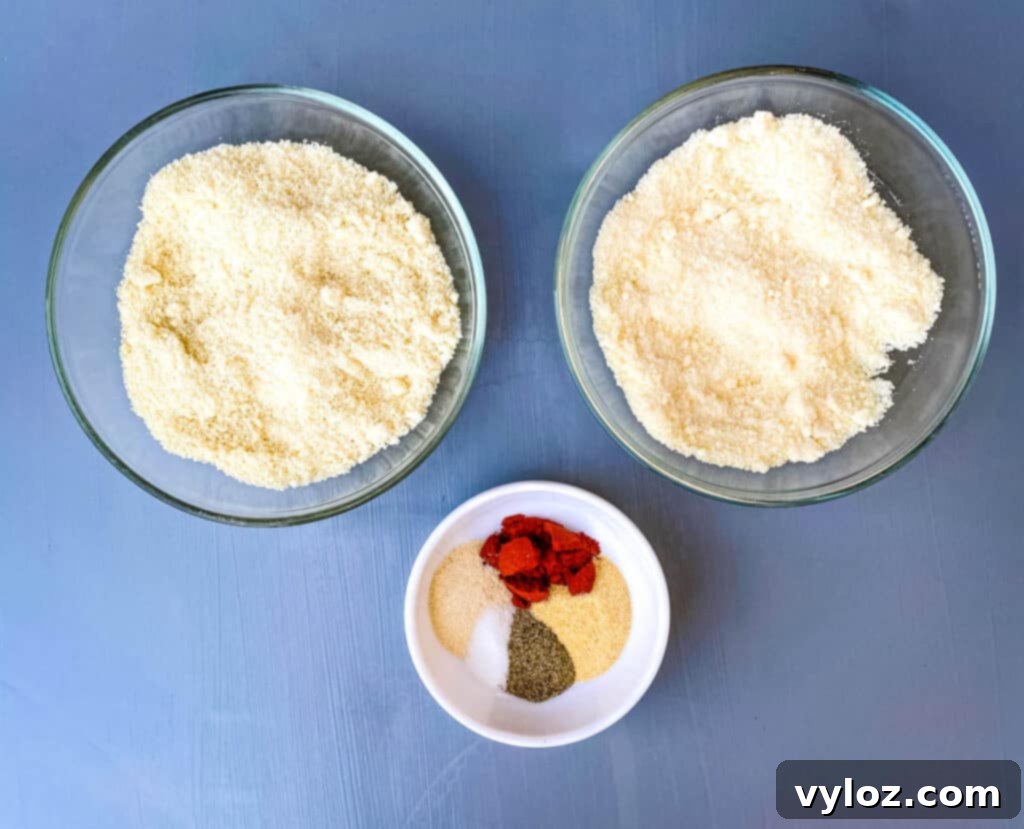 Southern Keto Chicken Fried Steak and Gravy 3 grated parmesan, almond flour, and seasonings in separate bowls