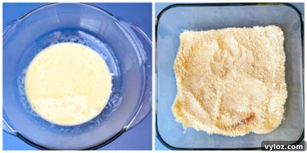 Southern Keto Chicken Fried Steak and Gravy 6 a collage photo of 2 photos, 1 photo is a glass bowl with heavy cream and eggs, the other is a glass bowl with almond flour, parmesan cheese, and seasonings