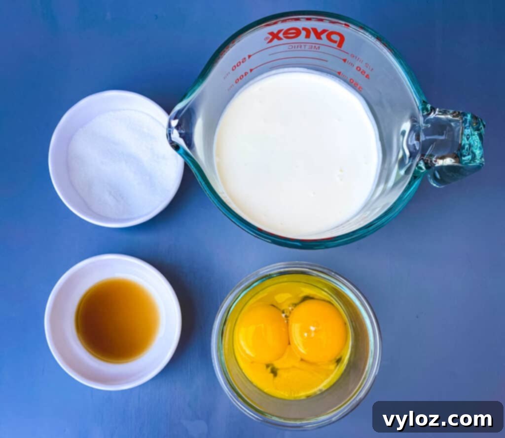 Effortless Keto Crème Brûlée 3 Sweetener, vanilla extract, heavy whipping cream, and egg yolks laid out in separate bowls, ready for making keto crème brûlée
