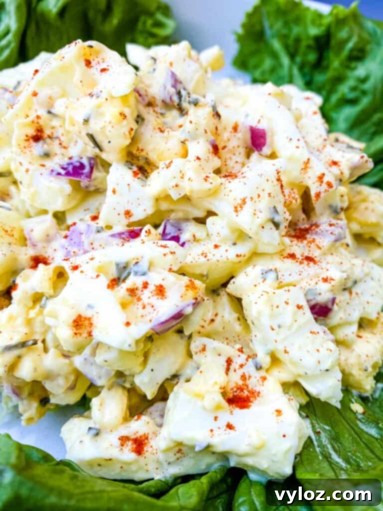 Vibrant Egg Salad 9 keto low carb egg salad on a bed of lettuce in a white bowl