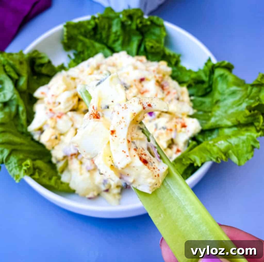 Vibrant Egg Salad 10 person holding a piece of celery with keto egg salad on the celery
