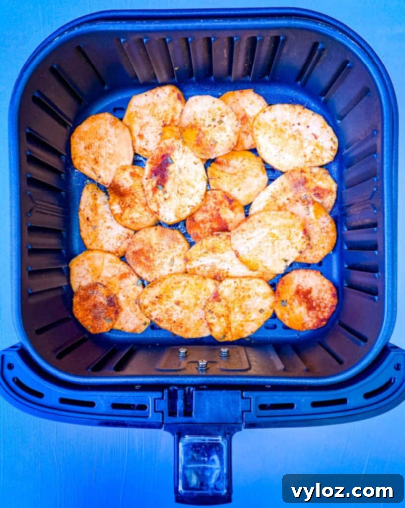 Crispy Air Fryer Sweet Potato Chips 8 Raw sweet potato chips meticulously arranged in a single layer within an air fryer basket